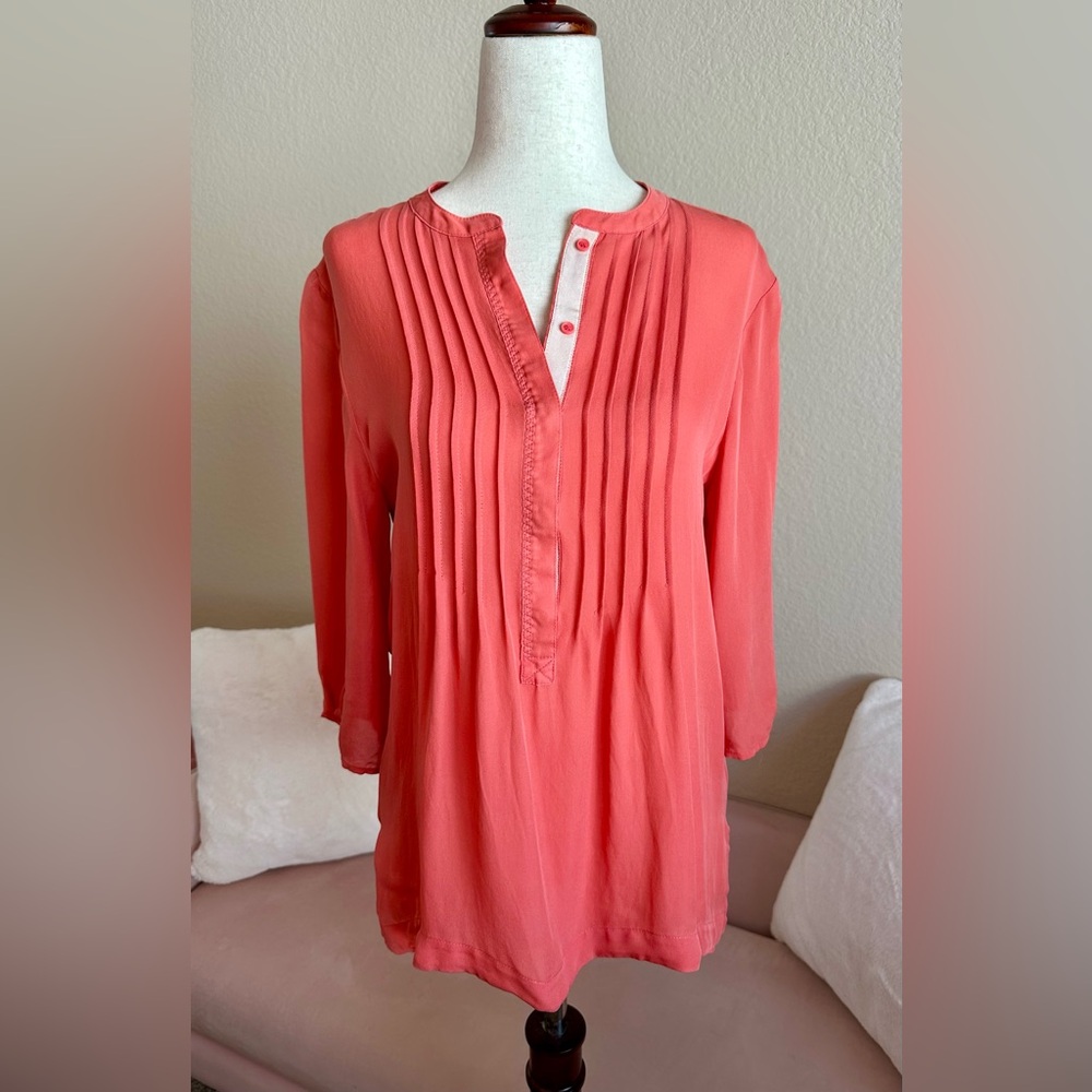 Michael Stars Silk Pintuck Tunic Top Partial Button Blouse Orange Women Roomy XS